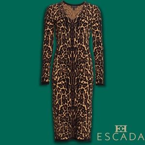 Escada Leopard-Print Long-Sleeve Midi Dress in Tan and Black